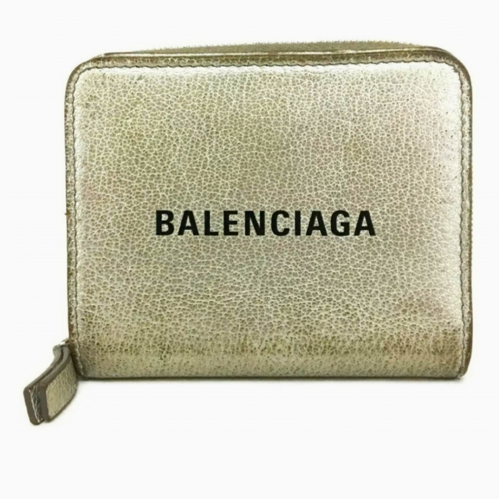 BALENCIAGA EVERDAY SILVER METALLIC LEATHER ZIP BIFOLD WALLET/G0685